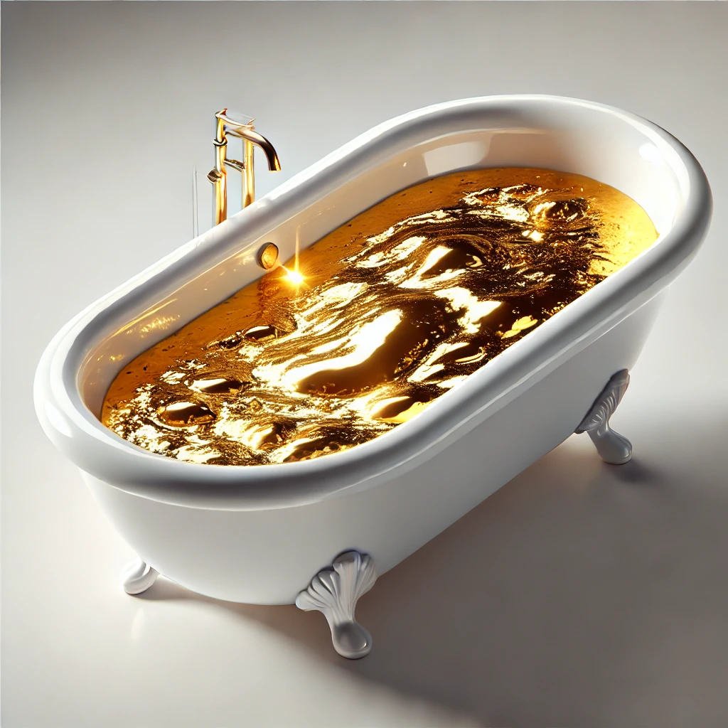 Eine weiße, freistehende Badewanne im klassischen Stil, gefüllt mit flüssig glänzendem Gold – als Metapher für die hohen Kosten, die Rückenschmerzen für das deutsche Gesundheitssystem verursachen.